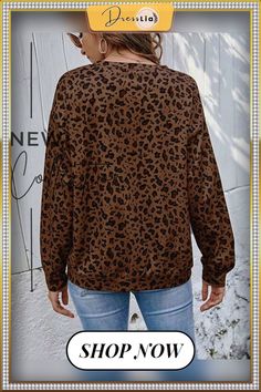 Round Neck Leopard Print Pullover Loose Tops Oversized Leopard Print Top, Leopard Print Crew Neck Top For Winter, Oversized Leopard Print Tops With Long Sleeves, Casual Leopard Print Long Sleeve Sweater, Casual Long Sleeve Leopard Print Sweater, Leopard Print Tops With Relaxed Fit For Fall, Leopard Print Relaxed Fit Top For Fall, Leopard Print Top With Relaxed Fit For Fall, Oversized Casual Leopard Print Sweater