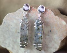 Cobblestone stud dangles featuring uniquely cut flashy labradorite. Earring drop length approximately 2in x 0.3in All sterling silver. Silver Labradorite Gemstone Earrings, Cobble Stone, Sticks And Stones, Valentines Jewelry, Stone Earrings, Stone Necklace, Ring Earrings, Labradorite, Jewelry Shop