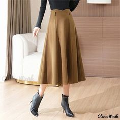 Olivia Mark - High-Waisted Quality A-Line Skirt with Large Hem - Long Length Silk Midi Skirt, Dark Khaki, Body Con Skirt, Types Of Skirts, Olivia Mark, A Line Skirt, Long Length, Skirt Fashion, A Line Skirts