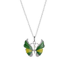 The Unique Colorful Butterfly Pendant is a stunning silver necklace for her that makes a beautiful gift. This pendant features a colorful enamel butterfly design that is sure to delight. The butterfly's wings display an array of vivid colors that pop against the rhodium-plated .925 sterling silver. This Unique, Colorful Butterfly Pendant has an elegant yet playful style that suits many tastes. The pendant hangs from an 18" sterling silver cable chain that secures with a lobster clasp. At 1" tall Green Butterfly Charm Necklace, Multicolor Butterfly Charm Necklaces, Green Butterfly Charm Pendant Necklace, Green Butterfly Pendant Necklace, Green Jewelry With Butterfly Charm For Gift, Rainbow Butterflies, Butterfly Fashion, Necklace For Her, Rainbow Butterfly