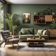 a living room with green walls and wooden furniture in the center, along with potted plants