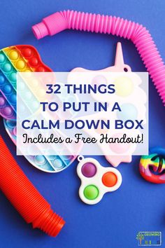 Picture of different fidget tools on a blue tabletop. White text overlay with blue text says "32 things to put in a calm down box." Black text below says "Includes a free handout!" Coping Skills Toolbox Ideas, Calm Down Box, Calm Box, Coping Toolbox, Comfort Box, Calm Down Bottle, Kids Bedroom Ideas, Calm Kids