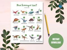 a printable dino scavenger activity sheet on a table with plants and pencil