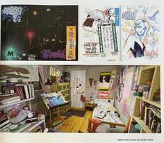 the inside of an art studio with various paintings and drawings on the walls, including bookshelves