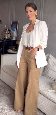 Beige Button Down Shirt Women, Fundraising Outfit Classy, Khaki Blazer Outfits For Women, Beige Pants Outfit Office, Cream Blazer Fall Outfit, Pants With Flats Outfit, Layered Business Casual Outfits, Beige Office Outfit, Off White Blazer Outfits For Women