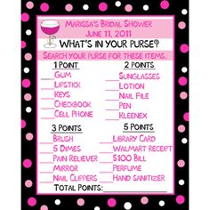 a purple and black polka dot bridal shower checklist with wine glasses on it