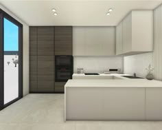 a modern kitchen with white counter tops and black accents on the doors is shown in this rendering