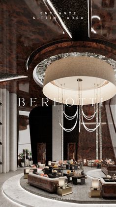 the interior of a fancy restaurant with chandelier