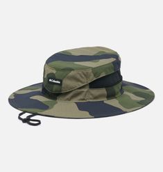 Sun-blocking, sweat-wicking booney hat. Functional Flat Brim Hat For Camping, Casual Curved Brim Hat For Outdoor Work, Green Flat Brim Sun Hat For Outdoor, Casual Green Sun Hat For Camping, Casual Bucket Hat With Curved Brim For Hiking, Casual Bucket Hat For Outdoor Work, Camouflage Bucket Hat For Outdoor Activities, Casual Brimmed Hats For Outdoor Work, Adjustable Casual Bucket Hat For Outdoor Work