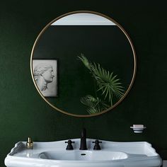 a white sink sitting under a mirror next to a green wall with a potted plant