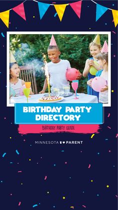 a birthday party flyer is shown with balloons and confetti on the table in front of it