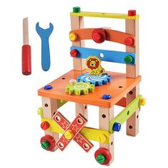 a wooden toy chair with tools on it