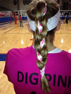 pink out volleyball game braid - I just tied the ribbon to the hair band and had my friend braid it in Pink Out Volleyball Game, Volleyball Ribbons, Dig Pink Volleyball, Pink Out Volleyball, Hairstyles Basketball, Volleyball Braids, Volleyball Bows, Softball Hair