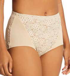 High rise brief panty is sheer floral lace with opaque knit triangles sewn into front sides for better fit. Four-way stretch allows panty to flex and contour to your body for a comfortable style. Panty stays in place with a covered elastic waistband. See-through floral lace has 4-way stretching for a flexible fit. Modal knit triangles are sewn into front sides. Leg openings have covered elastic edge. Center back seam contours to your body for a great fit. Very high rise. Rear is entirely floral Beige Lace Brief Bottoms, Fitted Lace Bottoms With Full Coverage, Fitted Lace Bottoms For Daywear, Cream Lace Stretch Bottoms, Cream Stretch Lace Bottoms, Beige Lace Bottoms For Daywear, Fitted Full Coverage Bottoms With Lace Trim, Full Coverage Bottoms With Lace Trim For Daywear, Fitted Lace Trim Bottoms With Full Coverage