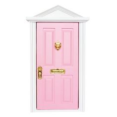 a pink door with two gold handles on the front and side doors, against a white background