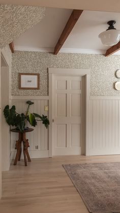 Olof sage green sandberg wallpaper with Edgecomb gray BM painted trim. Plates on wall, schoolhouse lights. A Living Room, Dream House Decor, Ideas Home, House Inspo, Dream Home Design, House Inspiration, My Dream Home, Home Decor Inspiration, Cozy House