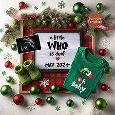 a green shirt and baby's first christmas t - shirt with the words, a little who is due may 2012