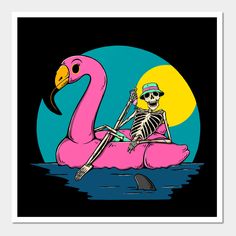 a skeleton sitting on top of a pink flamingo floating in the water with a fish