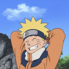 an animated image of naruto with his hands behind his head