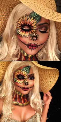 Pretty Scarecrow Sunflower Halloween Makeup Idea Pretty Scarecrow, Cool Halloween Costume Ideas, Sunflower Halloween, Scarecrow Halloween Makeup, Make Up Diy, Scarecrow Makeup, Halloweenský Makeup, Halloween Costume Ideas For Women