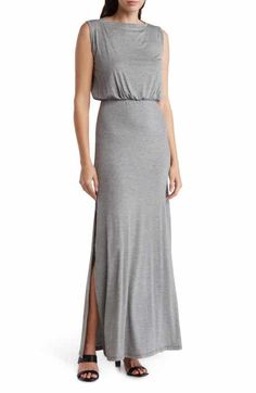 GO COUTURE Sleeveless Blouson Maxi Dress | Nordstromrack Flowy Maxi Dress With Side Slits, Stretch Floor-length Bridesmaid Dress, Gray Stretch Maxi Dress For Spring, Spring Stretch Gray Maxi Dress, Elegant Flowy Full-length Maxi Dress, Full Length Maxi Dress With Side Slits, Elegant Long Gray Dress, Gray Maxi Length Party Dress, Gray Maxi Party Dress