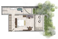 an overhead view of a bedroom and living room in a house with trees on the other side