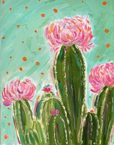 an acrylic painting of pink flowers on a cactus plant with blue sky in the background