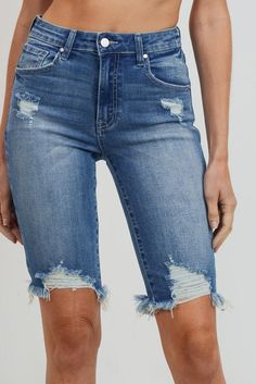 Bermuda Denim Shorts, Distressed Bermuda Shorts, Bermuda Jean Shorts, Destroyed Denim, Fashion Pria, Long Style, Mens Denim Short, Jeans For Sale, High Waisted Denim