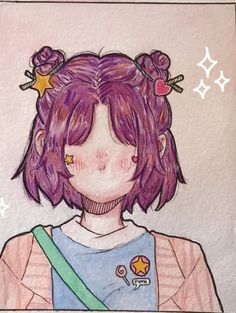 a drawing of a girl with purple hair