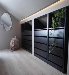 a room with some black cabinets and a mirror on the wall next to a potted plant