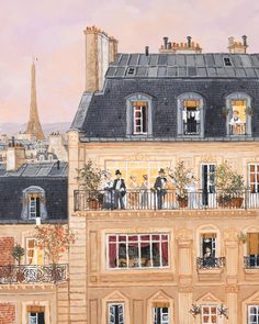 a painting of people standing on the balcony of a building with windows and balconies