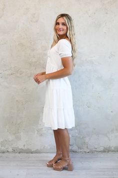 Midi length dress tiered skirt with gathered sweetheart neckline and short sleeves. Fabric Content: 100% RayonModel is 5'10" and is wearing a small White Midi, Rose Dress, Tier Skirt, Midi Length Dress, Tiered Skirt, Sweetheart Neckline, Summer Time, Midi Length, Dream Closet