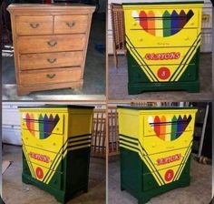 four different pictures of an old chest of drawers with crayons painted on them