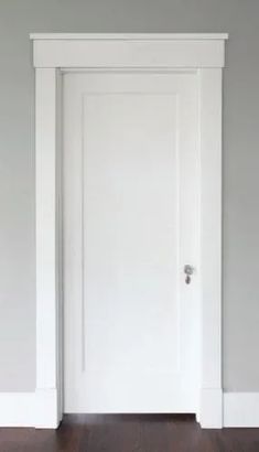 an empty room with a white door and hard wood floor