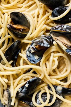 pasta with clams and sauce in a pan