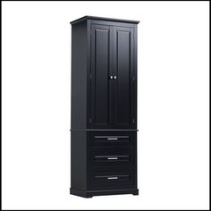 a tall black cabinet with drawers on the top and bottom drawer in the middle, against a white background