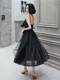 Black Spaghetti Strap Evening Dress For Wedding, Black Spaghetti Strap Wedding Evening Dress, Black Tulle Dresses For Party Season, Black Tulle Dress For Party, Black Midi Length Evening Dress For Prom, Black Midi-length Evening Dress For Prom, Black Spaghetti Strap Evening Dress For Prom, Black Midi Evening Dress For Prom, Black Midi Dress With Tulle Skirt