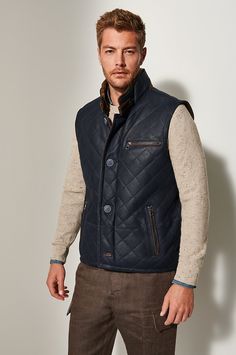 Heading out to chop firewood or surveying the views at the ski lodge, you'll be ruggedly handsome in the Hayes, a quilted vest crafted from plush Spanish shearling. This sheepskin layer is perfect for chilly fall, winter, and spring days, buttoning up over your sweaters and flannel shirts with ease and buckling at the standup collar. Stash your gloves and phone in the four zip pockets and you'll be ready to take on whatever comes. Sheepskin Vest, Shearling Vest, Flannel Shirts, Ski Lodge, Sheepskin Coat, Navy And Brown, Quilted Vest, Spring Day, The Four