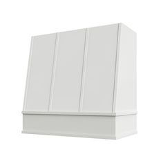 a white wall mounted cabinet with three doors and two drawers on each side, in front of a white background