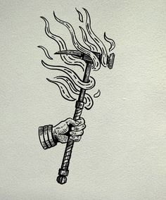 a black and white drawing of a burning stick