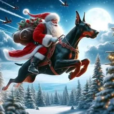 a man riding on the back of a black horse in front of a christmas tree