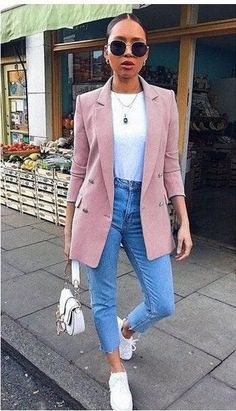 Blazer Outfits For Women, Blazer Outfit, Mode Casual, Collar Jacket, Pink Blazer, Jacket Long, Casual Work Outfits, Blazer Outfits, Work Outfits Women