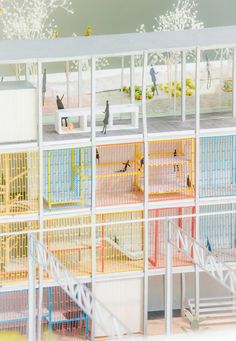 a model of a building with multiple colored sections and birds on the top floor, in front of an open window