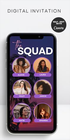 the squad app on an iphone screen, with different avatars in purple and pink