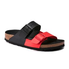 Birkenstock Arizona Split Birko-Flor Narrow (Women) - Black/Poppy Sandals - Slide Sandals - The Heel Shoe Fitters Men Birkenstock, Birkenstock Style, Black Poppy, Birkenstock Sandals Arizona, Two Strap Sandals, Green Sandals, Mens Leather Sandals, Athletic Looks, Red Sandals