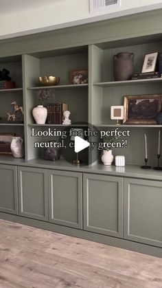 a living room filled with lots of green bookshelves and vases on top of them