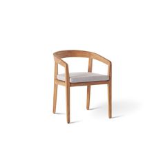 a wooden chair with a gray cushion on the back and armrests, in front of a white background