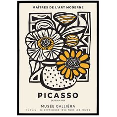 a poster with flowers on it that says picasso in french and english language