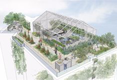 an artist's rendering of a building with trees and plants growing on the roof