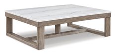 a white marble top coffee table with wooden legs and square base, viewed from the front